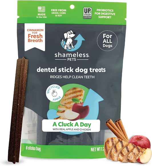 Shameless Pets Dental Treats for Dogs, A Cluck A Day - Healthy Dental Sticks with Digestive Support for Teeth Cleaning & Fresh Breath - Dog Bones Dental Chews Free from Grain, Corn & Soy