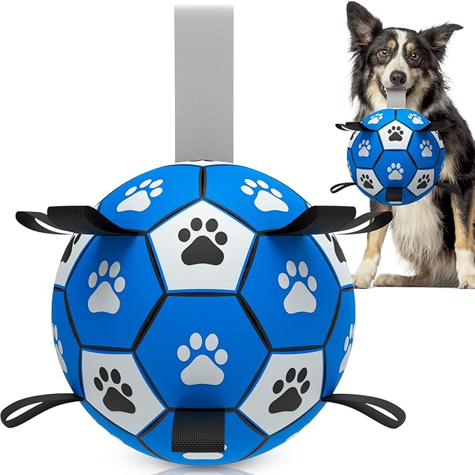 QDAN Dog Ropes Toys Soccer Ball with Straps, Interactive Dog Toys for Tug of War, Puppy Birthday Gifts, Dog Tug Toy, Dog Water Toy, Durable Dog Balls for Medium & Large Dogs-Blue&Grey（8 Inch）