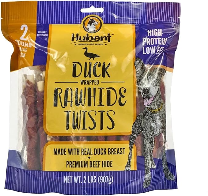 Hubert Pet Gourmet Duck Wrapped Rawhide Twists - Natural Dog Treats, Perfect for Treats & Training, Small & Large Dogs - 2 lb Resealable Value Pack