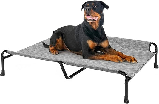Veehoo Cooling Elevated Dog Bed, Raised Dog Beds for Large Dogs, Outdoor Dog Bed with Guardrail, Upgraded Non-Slip Feet, Breathable Teslin Mesh, Portable Camping Dog Cot, 47 x 29 Inches, Black Silver