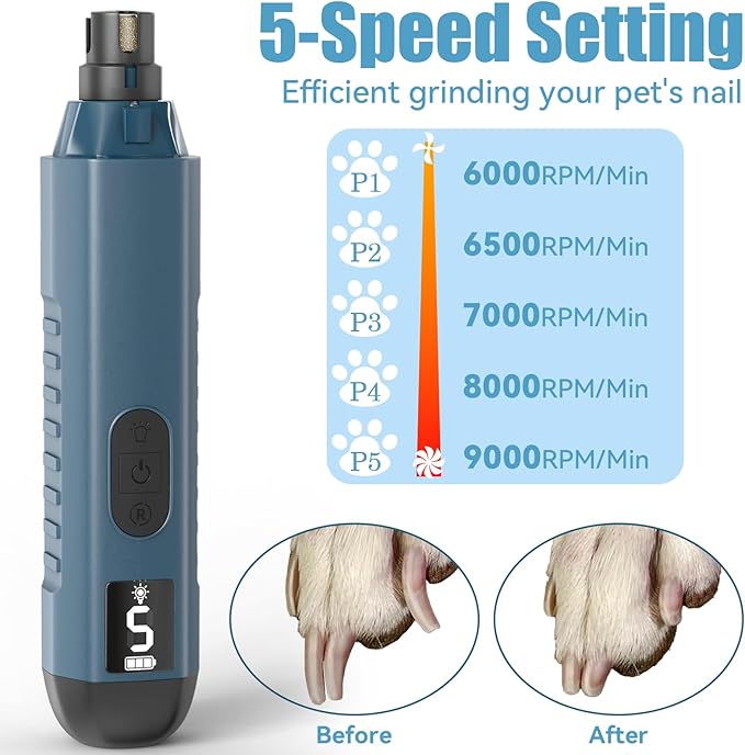 Dog Nail Grinder, Dog Nail Trimmers and Clippers Kit, 5 Speeds Nail Grinder for Dogs, Rechargeable Dog Nail Grinder with LED Light, Nail Grinder for Dogs Quiet, Nail Trimmer Nail Grinder for Dogs Cats