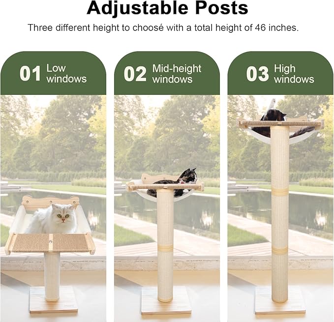 Cat Window Perch with Scratching Post, 47.3" Adjustable Cat Tall Scratching Posts &Upgraded Winter Cushion – Multi-Level Perch for Climbing, Bird Watching, and Play, Supports 50 lbs (Drilling-Free)