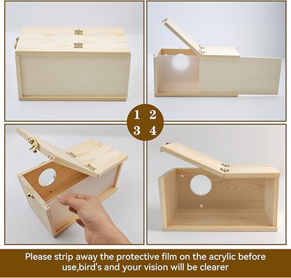 Acrylic Bird Nesting Box,Transparent Parakeet Nesting Box with Perch Natural Wood Cockatiel House for Cage Handcrafted Visible Budgie Breeding Home for Parrots Finches Conures Small Birds