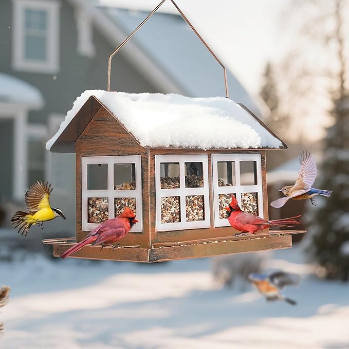 Bird Feeders, Heavy Duty Metal Bird Feeder for Outdoors Hanging, Weatherproof Large Capacity Wild Birdfeeder for Outside Garden Yard, Country House Shape (Double Window)