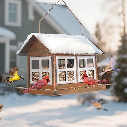 Bird Feeders, Heavy Duty Metal Bird Feeder for Outdoors Hanging, Weatherproof Large Capacity Wild Birdfeeder for Outside Garden Yard, Country House Shape (Double Window)