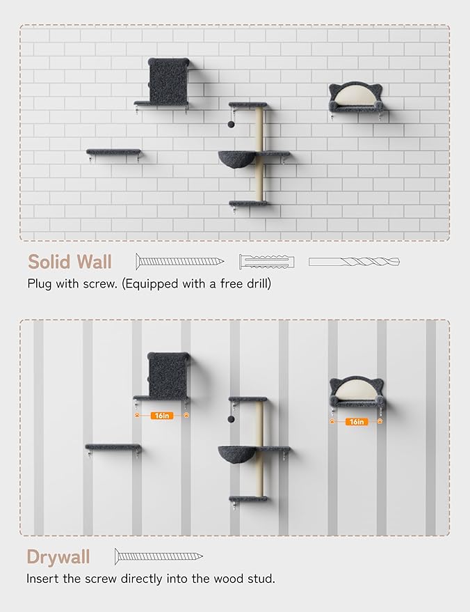 Cat Wall Shelves 5-in-1 Modern Climbing Wall Furniture Set for Cats with Scratching Posts, Cat Bed & Sofa, Space-Saving Perch for 16" Drywall, Gray