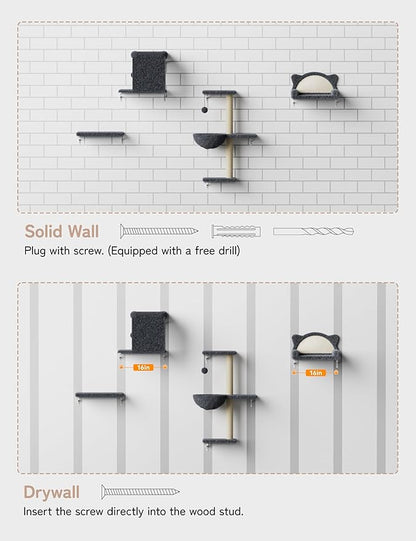 Cat Wall Shelves 5-in-1 Modern Climbing Wall Furniture Set for Cats with Scratching Posts, Cat Bed & Sofa, Space-Saving Perch for 16" Drywall, Gray