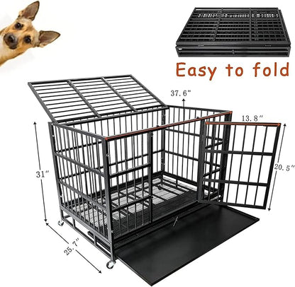 48/38 Inch Heavy Duty Indestructible Dog Kennel with Wheels, High Anxiety Crate, Sturdy Locks, Double Door and Removable Tray Design, Extra Large XL Crate