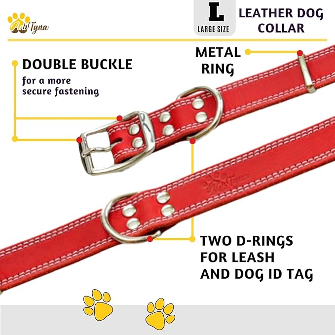 ADITYNA Heavy Duty Red Leather Dog Collar for Large Dogs - Soft and Strong Leather Dog Collar for Walking and Training
