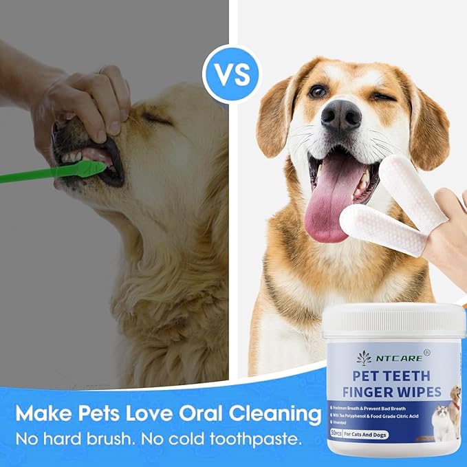 Dog Dental Care Finger Wipes - Teeth Cleaning Finger Wipes for Dog & Cats - Tooth Brushing Kit Dental Wipes for Dog - Reduces Plaque & Freshens Breath (Unscented) 50 Counts