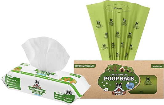 Pogi's Poop n' Wipe Combo - 500 Dog Poop Bags and 100 Plant-based Grooming Wipes Bundle