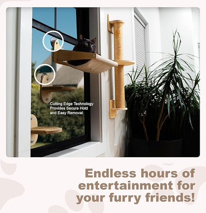 Window/Wall Mount Cat Wall Shelves by Pet Savvy – Cat Hammock (Oatmeal), Scratching Post with Landing, Two Steps – Natural Pine, Jute Rope, Sized for Cats up to 25lbs – 4 pc Set