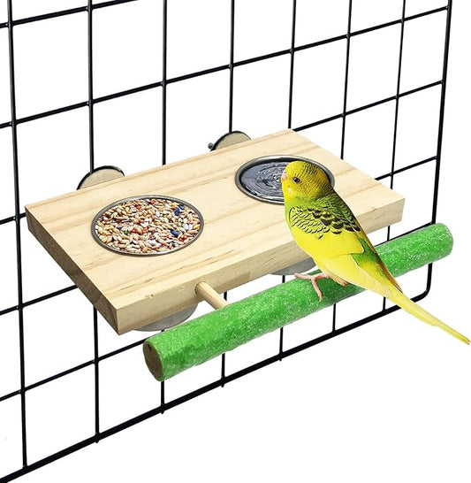 Tfwadmx Bird Feeding Dish Cups with Wooden Platform Hanging Stainless Steel Parrot Cage Feeder Bowl Wood Perch Stand for Parakeet Cockatiels Lovebirds Budgie (Medium)