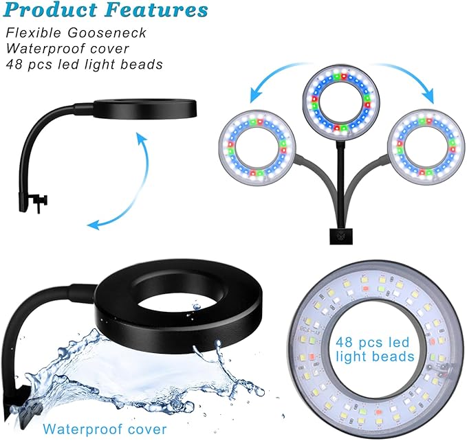 DOMICA Clip On Aquarium Light for 1 to 3 Gal Fish Tank (Dimmable White+Blue+Red LED) USB Moving Lamp for Open Terrarium (Adapter NOT Included)