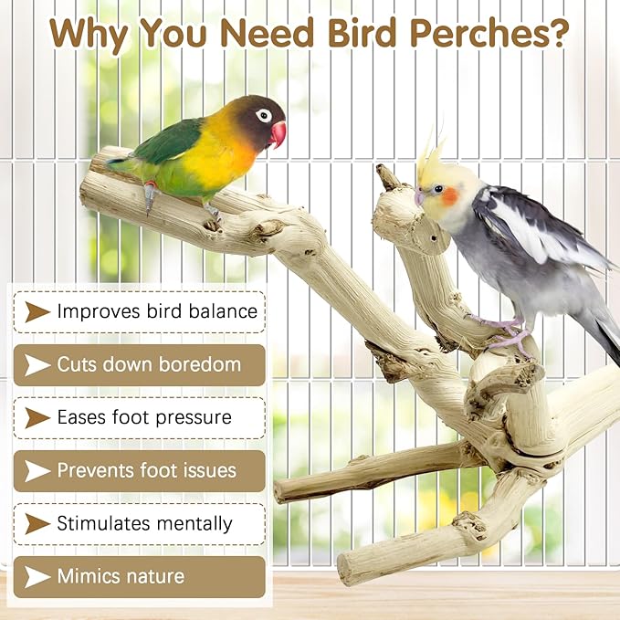 kathson Bird Perch Stand 11.8" Nature Wood Stand Toy Parrot Cage Branch Paw Grinding Fork Parakeet Platform for Parakeets Cockatiels Conures Finches Love Birds