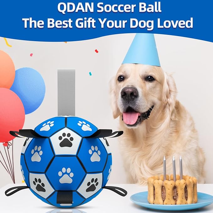 QDAN Dog Ropes Toys Soccer Ball with Straps, Interactive Dog Toys for Tug of War, Puppy Birthday Gifts, Dog Tug Toy, Dog Water Toy, Durable Dog Balls for Small & Medium Dogs-Blue&Grey（6 Inch）