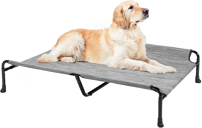 Veehoo Cooling Elevated Dog Bed, Raised Dog Beds for Large Dogs, Outdoor Dog Bed with Guardrail, Upgraded Non-Slip Feet, Breathable Teslin Mesh, Portable Camping Dog Cot, 53 x 33 Inches, Black Silver