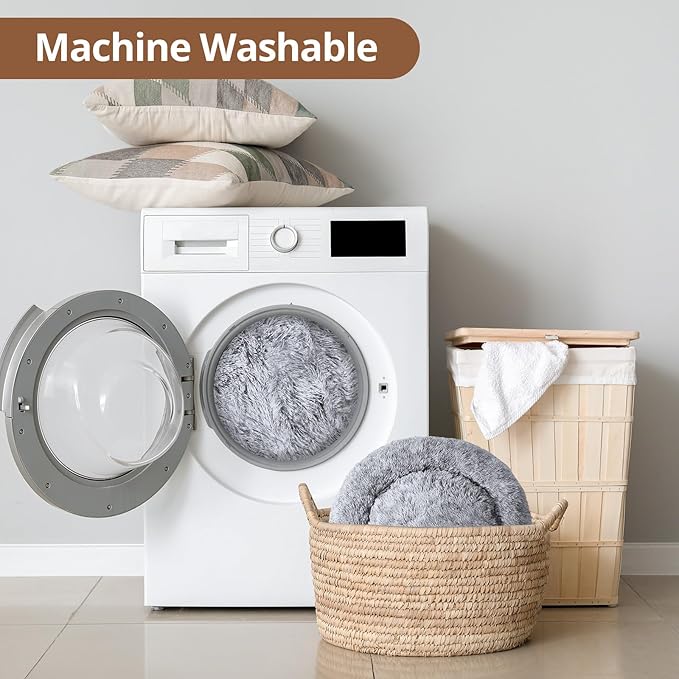 JOLLYVOGUE Donut Dog Bed for Large Dogs, Anti-Anxiety Washable Round Large Pet Bed, Calming Donut Dog Bed for Sleeping, Fluffy Dog Beds for Large Dogs, Round Bed for Indoor Pet (36"/Smoke Gray