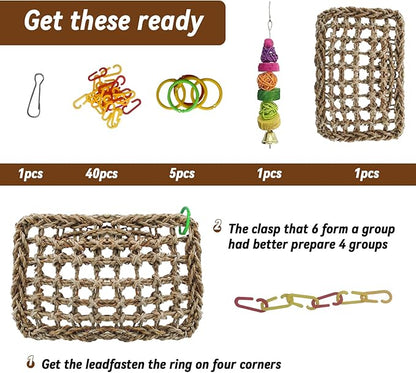 Bird Swing Toy Seagrass Mat, Natural Sea-Weed Woven Parrot Hammock Swing Bird Net Hammock Mat Climbing Swing Mat with Colorful Chewing Rope Toys for Parakeets, Budgie,Conure,Cockatiel,Lovebird
