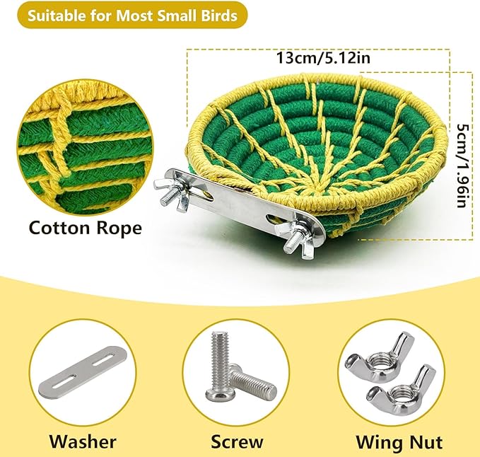 Bird Nest for Cage,Parrot Breeding Nest,Handwoven Cotton Rope Parakeet Bed,Canary Nesting House for Budgie,Finch,Cockatiel,Conure,Lovebird, Small Birds,Green&Yellow