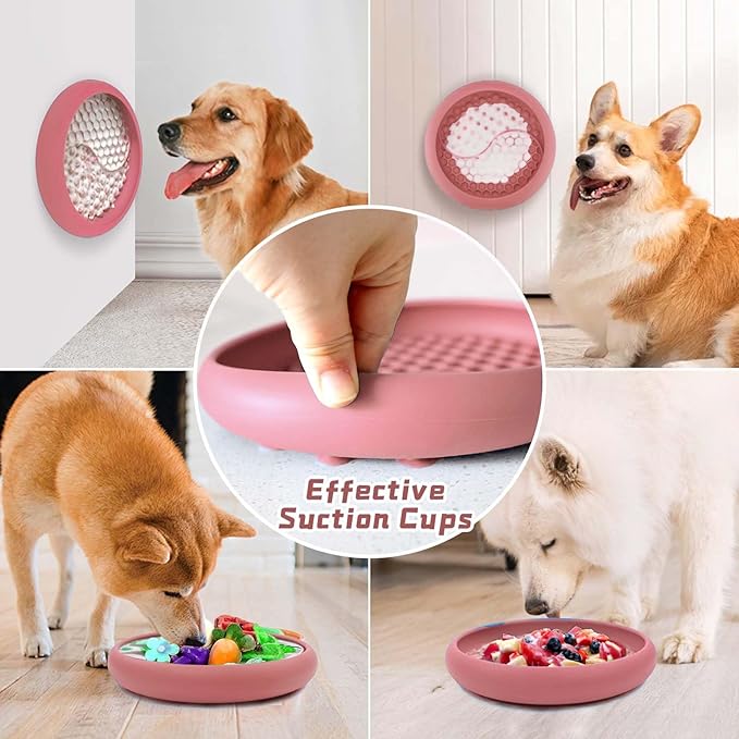 Dog Lick Bowl, Non-Slip Dog Slow Feeder Licking Mat Treat Dispenser, Interactive and Enrichment Toys, Boredom & Anxiety Reducer, BPA Free Silicone (Pink, Large)