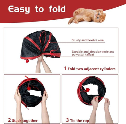 Sheldamy Cat Tunnel, 2-Way Collapsible Play Tunnel, Interactive Toy Maze for Small Animals, Red & Black