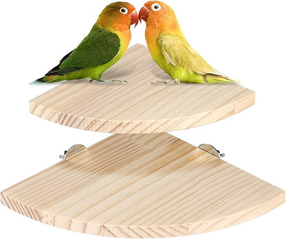2 Pcs Bird Perch Platform 2 Sizes Wooden Parrot Perch Corner Sturdy Parrot Perchs 5.12 and 6.7 inch Fan Shape Flat Perches Stand Playground Cage Exercise Accessories for Gerbil Birds Hamster Parrots