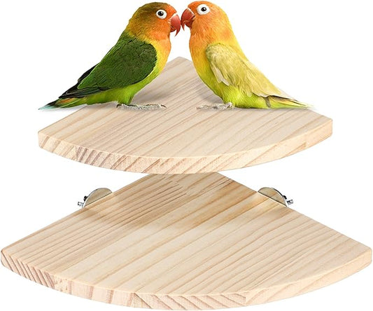 2 Pcs Bird Perch Platform 2 Sizes Wooden Parrot Perch Corner Sturdy Parrot Perchs 5.12 and 6.7 inch Fan Shape Flat Perches Stand Playground Cage Exercise Accessories for Gerbil Birds Hamster Parrots