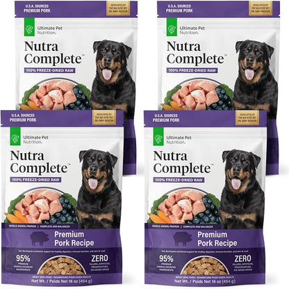 ULTIMATE PET NUTRITION Nutra Complete, 100% Freeze Dried Veterinarian Formulated Raw Dog Food with Antioxidants Prebiotics and Amino Acids, (1 Pound (Pack of 4), Pork)