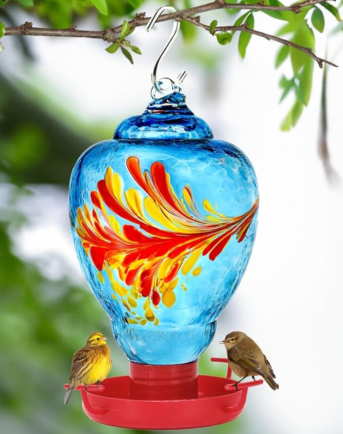 Colorful Glass Wild Bird Waterer 32 Oz Bird Water Feeder for Outdoors Garden Outside Water Cooler Tree Yard Decoration (Blue)