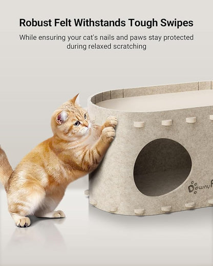 DownyPaws Cat House for Indoor Cats, Cat Bed Cave for Multiple & Large Cats Up to 22 Lbs, Scratch Resistant, Foldable Peekaboo Kitten Caves Tunnel Enclosed Bed, PeekaPurr, Cream