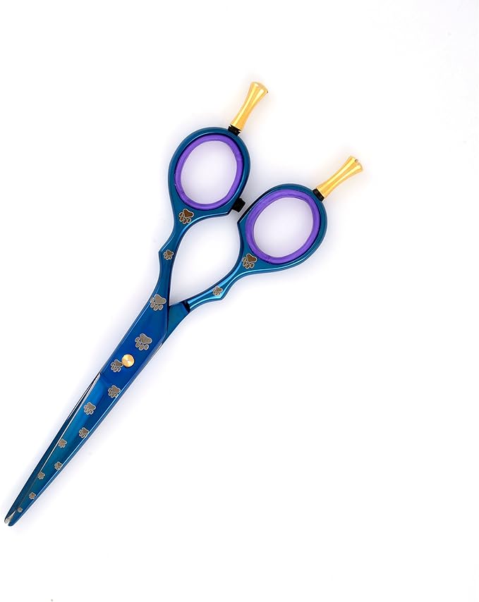5.5" Professoinal Pet Grooming Scissors Double Finger Rest, Blue Titanium Coating, Dog Paws Laser Engraved