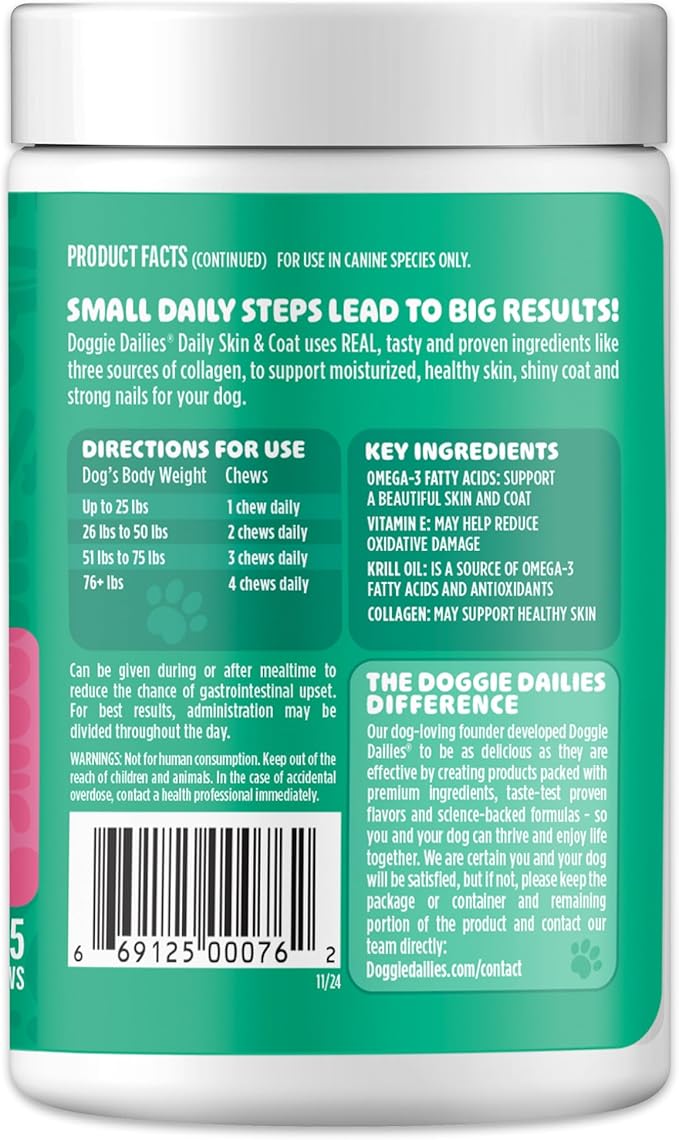 Doggie Dailies Skin & Coat Supplement Support, Salmon Oil for Dogs Skin and Coat with Collagen, Omega 3, Krill Oil, Biotin, & Coconut Oil for Dogs (Salmon) 225 Soft Chews
