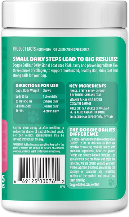 Doggie Dailies Skin & Coat Supplement Support, Salmon Oil for Dogs Skin and Coat with Collagen, Omega 3, Krill Oil, Biotin, & Coconut Oil for Dogs (Salmon) 225 Soft Chews