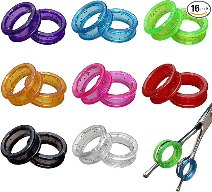 16pcs Shear Grips Inserts,Soft Silicone Scissors Finger Rings for Comfortable Dog Clipping and Pet Hair Trimming 8 Colors