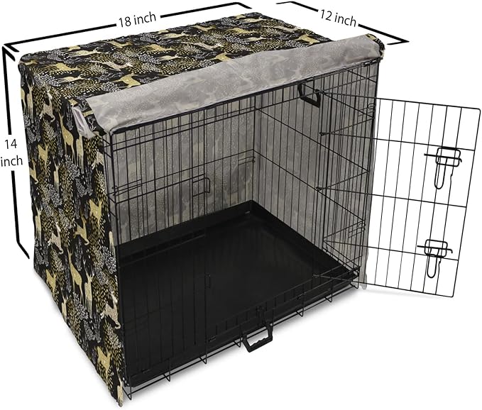 Ambesonne Christmas Dog Crate Cover, Nature Woodland and Deer Silhouettes with Oriental Ornaments Design, Easy to Use Pet Kennel Cover for Small Dogs Puppies Kittens, 18 Inch, Yellow White Black