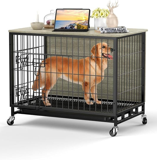 Dog Crate Furniture, 38" Dog Kennel End Table, Wooden Dog Cage with Wheels & Double Doors, Dog Crate Indoor Dog House for Large Medium Dogs, Rustic Grey