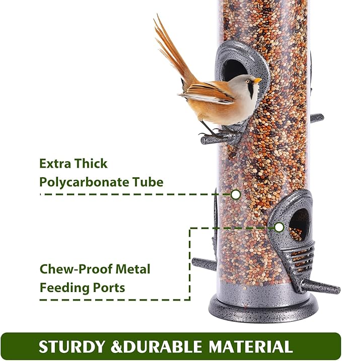 MIXXIDEA Metal Wild Bird Feeder, Squirrel Proof, Hanging 6 Port Tube Transparent Finch Feeder for Attracting Birds in Lawn, Garden, Balcony - Gray