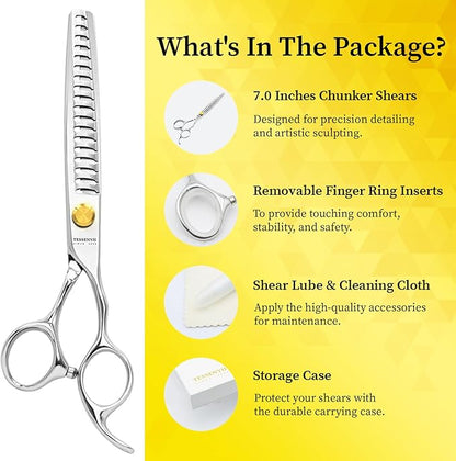 Dog Grooming Scissors, 7.0" 18 Teeth Chunker Shears, Premium Stainless Steel, Safety Rounded Tip & Offset Handles for Precision Trimming Dogs, Cats, Pet at Home