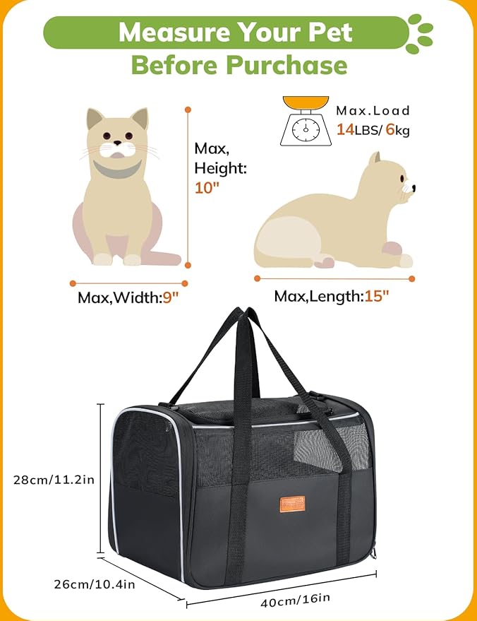 Morpilot Cat Carrier Soft - Portable Pet Carrier for Small or Medium Cats, Dogs and Puppy up to 14lbs, Airline Approved Dog Carrier with Safety Buckle - 16.0 x 10.4 x 11.2 Inch (Dark Gray)