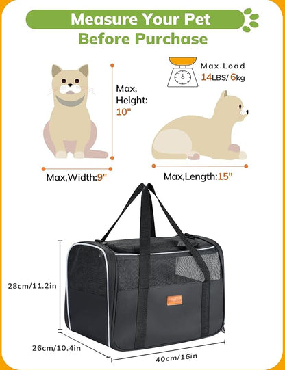 Morpilot Cat Carrier Soft - Portable Pet Carrier for Small or Medium Cats, Dogs and Puppy up to 14lbs, Airline Approved Dog Carrier with Safety Buckle - 16.0 x 10.4 x 11.2 Inch (Dark Gray)