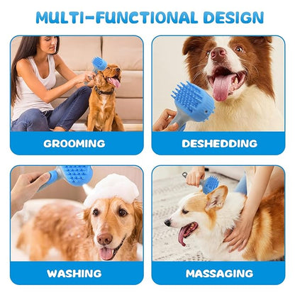 2 in 1 Dog Bath Brush, Soft Silicone Grooming Brush with Handle Shampoo Dispenser Shower Brush for Short Long Hair Dogs Cats Washing Massaging (Blue)