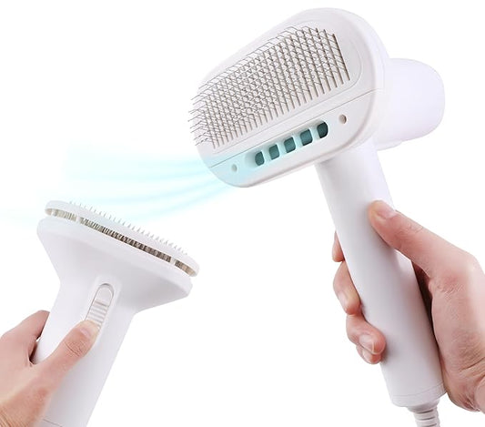 2-in-1 Dog Hair Dryer and Brush - Low Noise Operation, Overheating Protection, 3 Temperature & Airflow Settings, Self-Cleaning Button - Ideal Dog Brush for Short Haired Dogs (White)