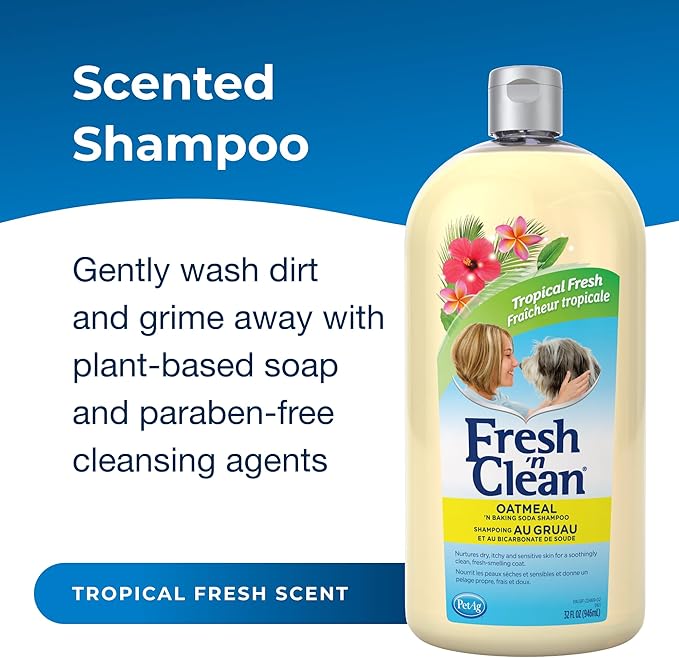 PetAg Fresh _ Clean Oatmeal _ Baking Soda Shampoo - Tropical Fresh Scent - 32 oz - Nurtures Dry, Itchy & Sensitive Skin with Vitamin E & Aloe - Strengthens & Repairs Coats - Soap Free