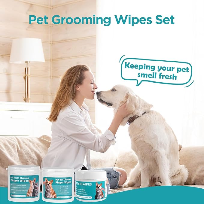 Dog Teeth Cleaning Wipes Dog Eyes Wipes Dog Ear Wipes Finger (3 Pack 200 Wipes) Pet Cleaning Wipes Kit,Dog Wipes Cleaning Deodorizing for Removing Plaque and Tartar & Ear Wax & Eye Secretions