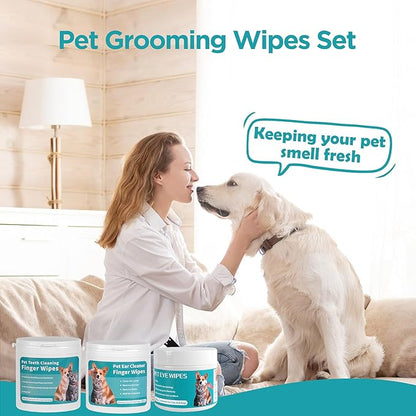 Dog Teeth Cleaning Wipes Dog Eyes Wipes Dog Ear Wipes Finger (3 Pack 200 Wipes) Pet Cleaning Wipes Kit,Dog Wipes Cleaning Deodorizing for Removing Plaque and Tartar & Ear Wax & Eye Secretions