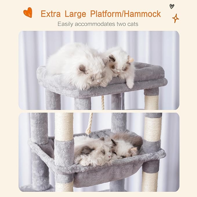 Heybly Cat Tree for Large Cats 20lbs Heavy Duty,60 inches XXL Cat Tower for Indoor Cats, Multi-Level Furniture Condo with Big Padded Plush Perch, Cozy Basket, Light Gray HCT050W