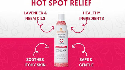 Dog Shampoo and Conditioner - Tearless Shampoo for Cleansing, Grooming, and Conditioning - Hot Spot Treatment Shampoo for Dogs and Puppies - Lavender and Neem 13.5 oz