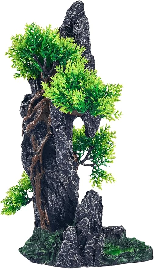 Large Fish Tank Decorations - Mountain View Aquarium Ornament with Tree House Cave Bridge,Mountain E