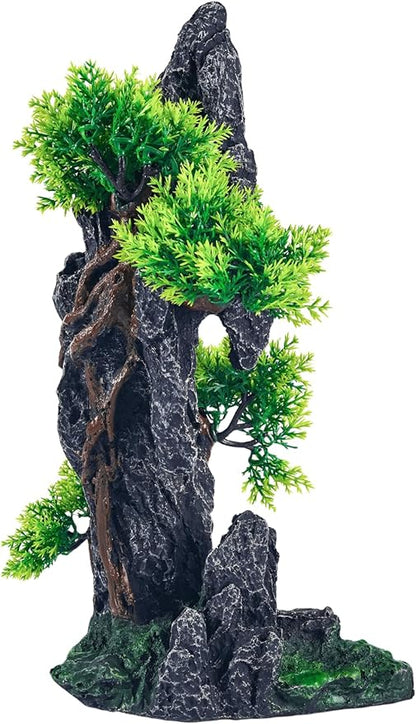 Large Fish Tank Decorations - Mountain View Aquarium Ornament with Tree House Cave Bridge,Mountain E